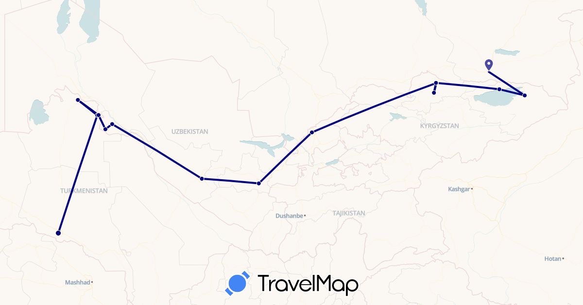 TravelMap itinerary: driving in Kyrgyzstan, Kazakhstan, Turkmenistan, Uzbekistan (Asia)